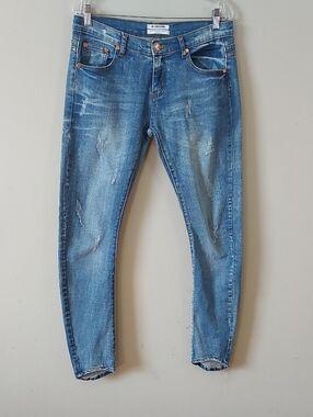 One Teaspoon Women Midrise Curved Raw Hem Hoodlum Fitted Bowed Leg Jeans Size 30
